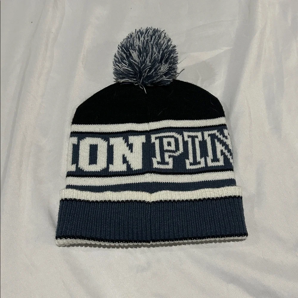 PINK Victoria's Secret Kids Pom-Pom Beanie - Blue and White